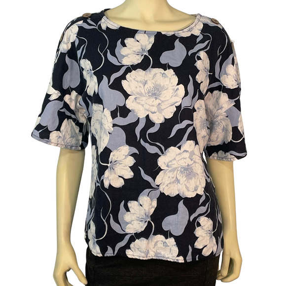 Ellen Tracy Sz M Linen Blouse Ruffle Sleeves Button Accents Blue White Floral - Picture 1 of 10